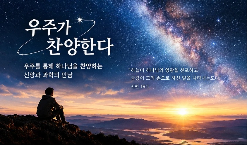 우주가 찬양한다 — 은하수 아래 산 위에 앉아 해돋이를 바라보는 사람, 시편 19:1